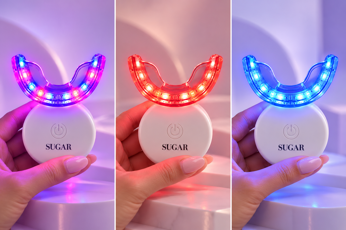 SUGAR wireless teeth whitening mouthpieces showing dual blue and red LED mode on the left, red LED mode in the centre, and blue LED mode on the right.